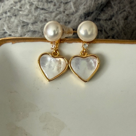 Freshwater Pearl & Mother of Pearl Puffy Heart Drop Earrings | Gold Tone - Picture 3 of 4